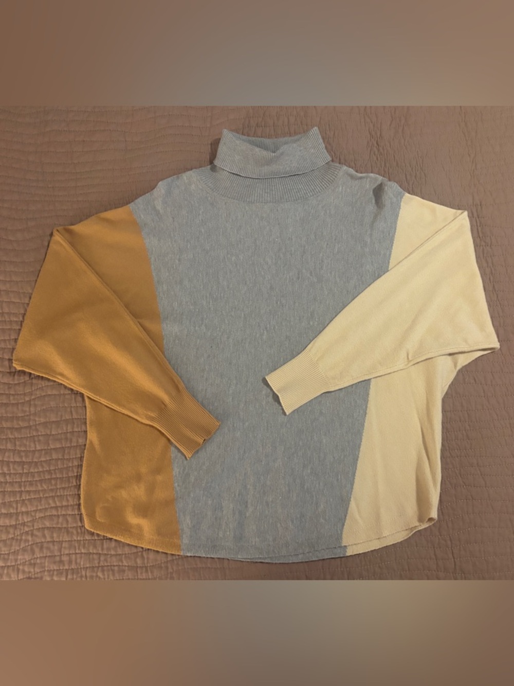 Colorblock Turtleneck Sweater - Gray with Mustard & Cream